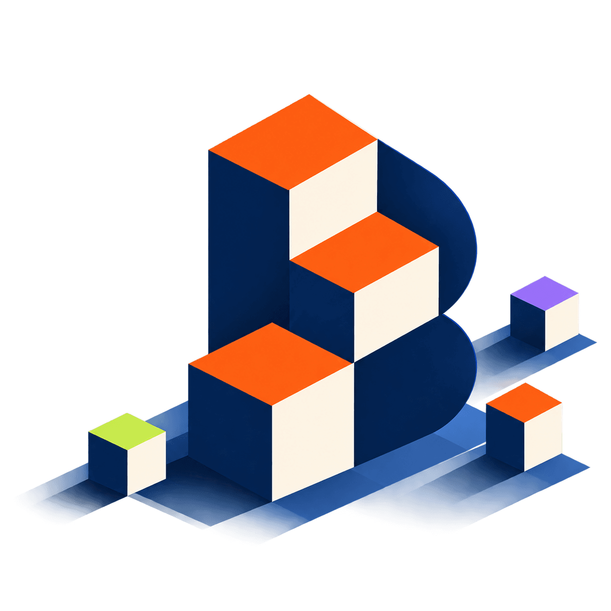 Illustration: a dimensional BuildWright B made of stepped orange, navy, and cream blocks